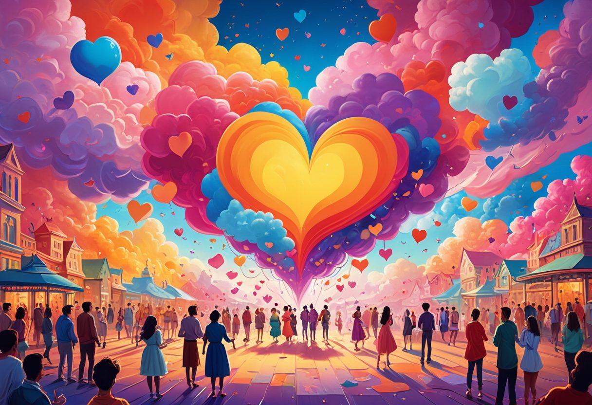 A vibrant and imaginative scene depicting an abstract community gathering around a large, colorful fantasy mural showcasing tasteful representations of various fetishes and fantasies. Include diverse characters engaging in discussions, surrounded by playful elements like floating hearts, dream-like clouds, and soft lighting that enhances the atmosphere of creativity and openness. The overall tone should be inviting and lively. digital art. vibrant colors. whimsical style.
