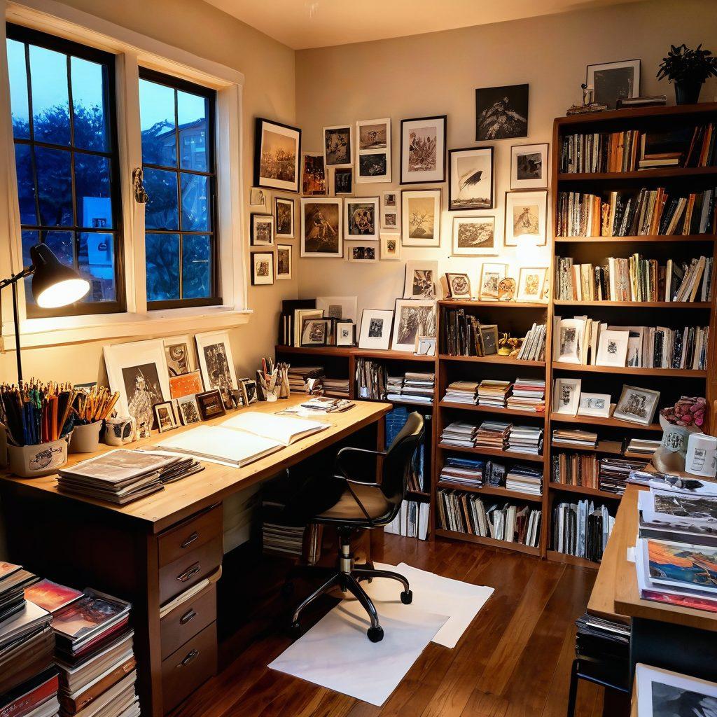 A vibrant and alluring scene depicting a cozy, softly-lit artist's studio filled with sketches of erotic manga and comics. A skilled artist passionately at work, surrounded by colorful inks, pencils, and stacks of art books, with romantic imagery subtly evident in the artwork on the walls. A warm atmosphere, with hints of intimacy and creativity, showcasing the beauty and artistry of the medium. watercolor style. vibrant colors. cozy ambiance.